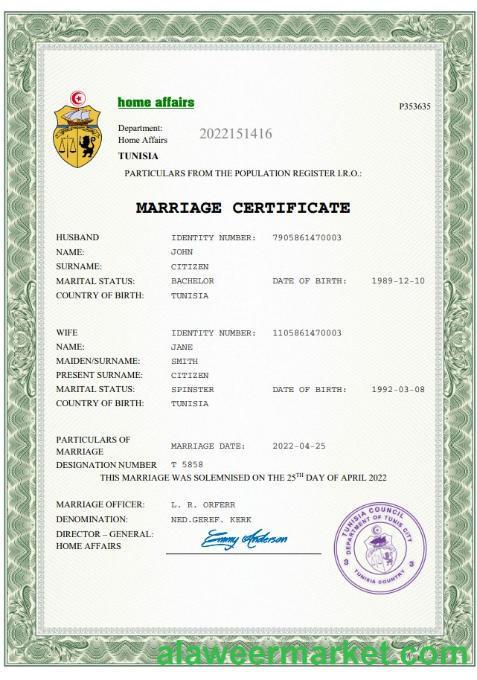 Tunisia marriage certificate Word and PDF template